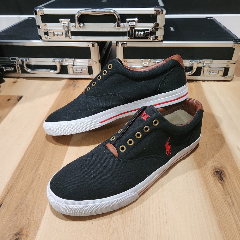 Polo Ralph Lauren Men's Vito Black Canvas/ Leather Fashion Sneaker Size 12